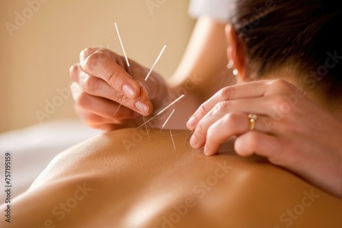 Woman Receiving Acupuncture Massage for Back Pain Relief, Patient receiving acupuncture treatment, AI Generated
