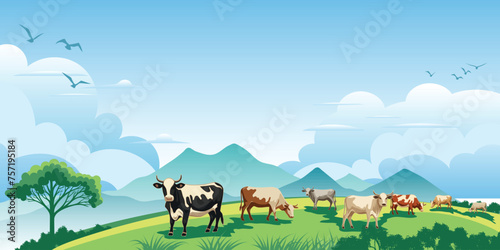 View of spring landscape, countryside, cows grazing in a green meadow, vector illustration