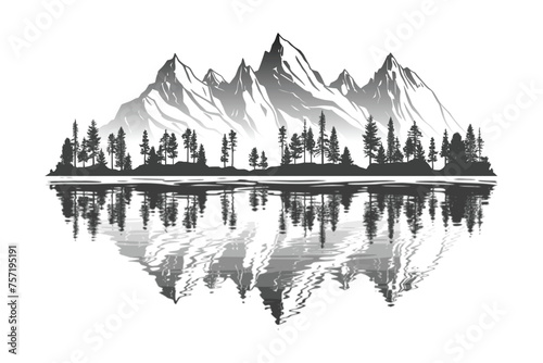 Forest and mountains are reflected in the lake, vector sketch, isolated on white background	