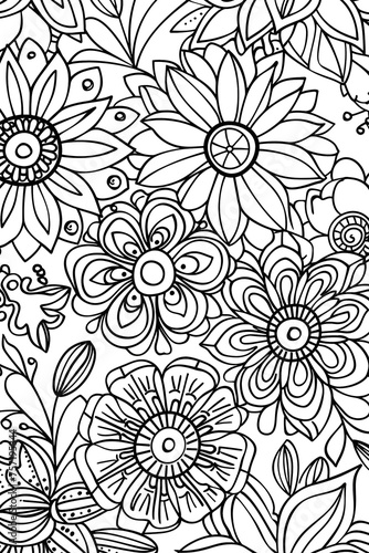 Detailed and harmonious floral pattern for a coloring page or print design
