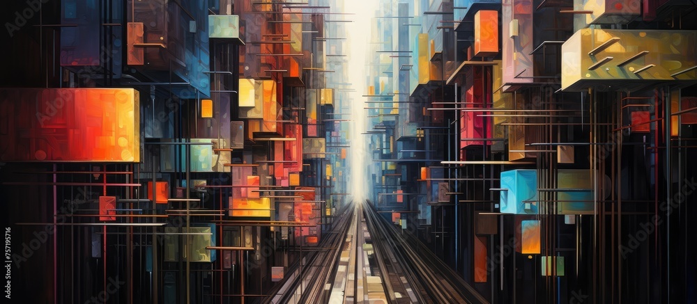 An art display device showcasing a painting of a city with a magenta train moving through it. The metal tracks contrast with the buildings, creating a vibrant urban scene An art display device showcasing a painting of a city with a magenta train moving through it. The metal tracks contrast with the buildings, creating a vibrant urban scene