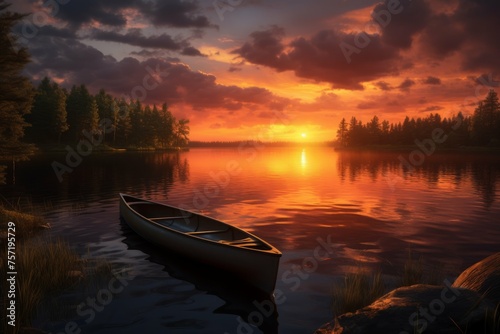 A vibrant sunset over a still lake, with a single canoe in the foreground