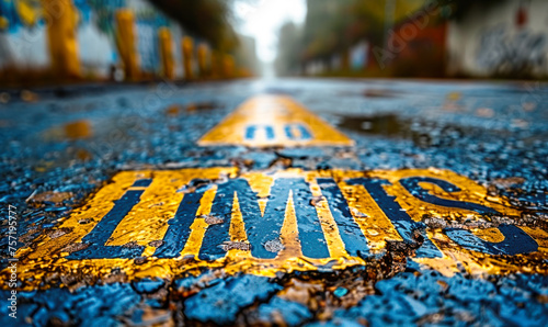 Bold no limits text painted on a highway road surface, symbolizing boundless potential, motivation, and the journey towards personal goals photo