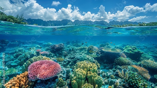 Oceanbed view of a coral reef with the horizon and water surface separated by a waterline below the seabed © Zaleman