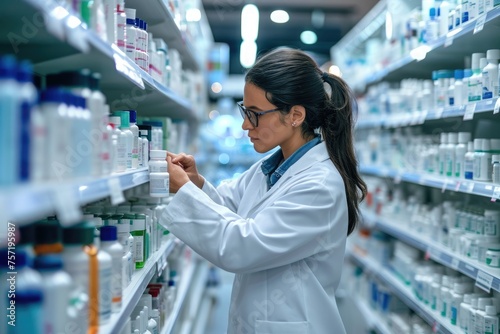 A woman wearing a white lab coat carefully studies a collection of bottles in a laboratory setting, Pharmacist using AI for personalized medication, AI Generated