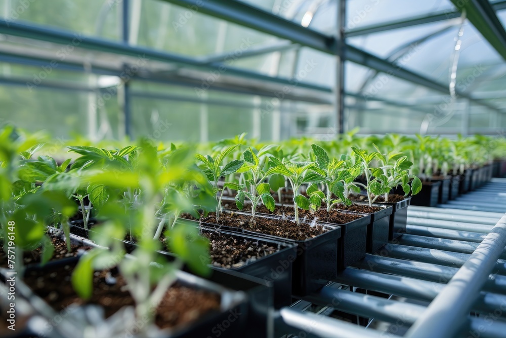 A photo of a spacious greenhouse bursting with a variety of healthy green plants, creating a vibrant and lively atmosphere, Plants fused with technology in a biotech greenhouse, AI Generated A photo of a spacious greenhouse bursting with a variety of healthy green plants, creating a vibrant and lively atmosphere, Plants fused with technology in a biotech greenhouse, AI Generated