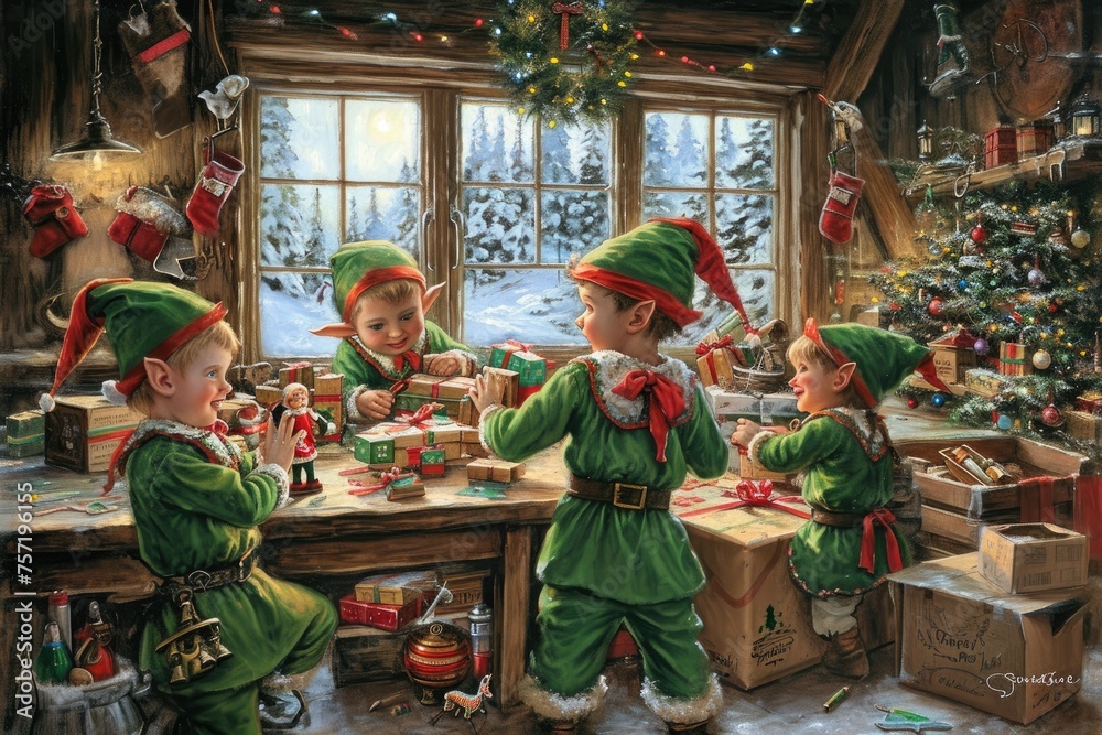 Three children working together to decorate a Christmas tree with ornaments, lights, and garlands, Playful elves preparing gifts in Santaâ€™s workshop, AI Generated