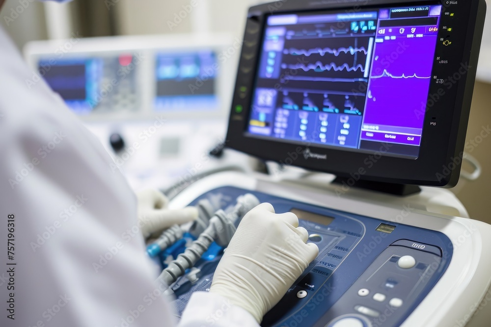 A person is operating a machine in a hospital, performing important medical tasks, Portable ultrasound device in use, AI Generated A person is operating a machine in a hospital, performing important medical tasks, Portable ultrasound device in use, AI Generated