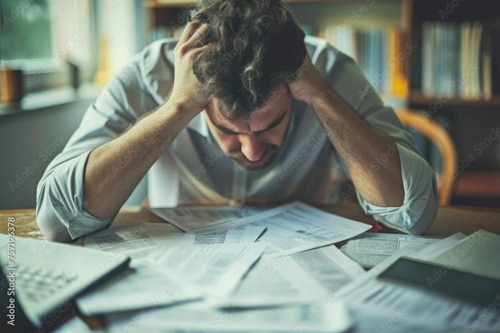 A man is seated at a table, surrounded by papers and documents, Portraying the tension and pressure during tax season in an accounting firm, AI Generated A man is seated at a table, surrounded by papers and documents, Portraying the tension and pressure during tax season in an accounting firm, AI Generated