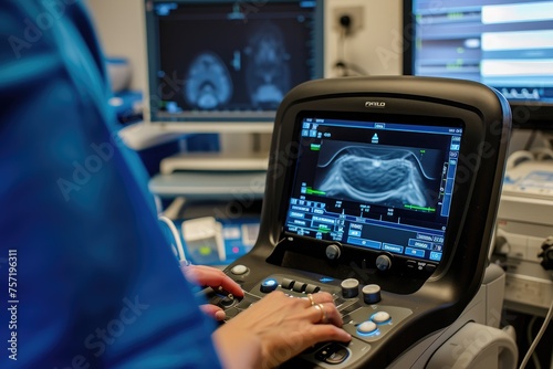 A medical professional is operating a machine in a hospital room to provide essential healthcare services, Portable ultrasound device in use, AI Generated