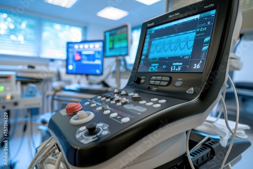 A hospital room featuring a variety of medical equipment and monitors used for patient care, Portable ultrasound device in use, AI Generated