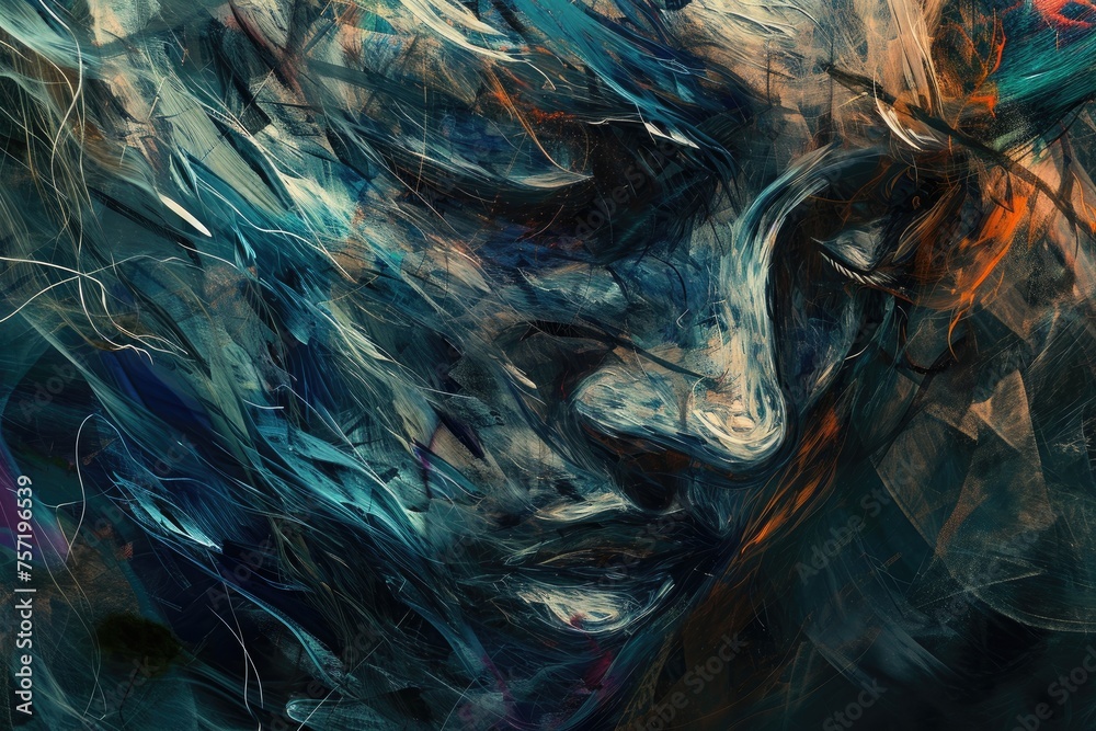 A close-up photo depicting a painting of a woman with vibrant blue hair, showcasing her unique and colorful appearance, Post-traumatic stress disorder abstract representation, AI Generated