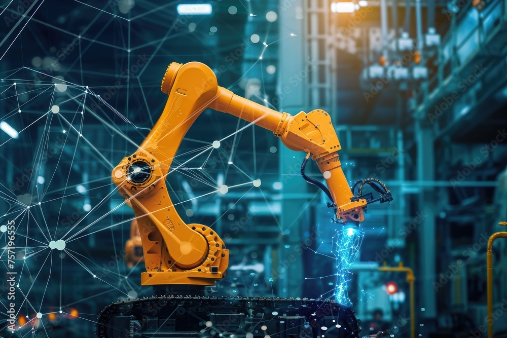 A robotic arm is seen diligently working on a piece of machinery, efficiently carrying out its programmed task, Predictive maintenance of construction machinery through AI technology, AI Generated - obrazy, fototapety, plakaty 