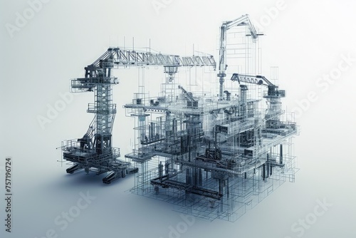 A photo of a tall building with a crane on top, surrounded by a bustling construction site, Prefabricated building components assembled by construction robots, AI Generated
