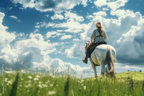 Woman riding horse on green meadow