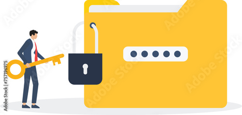 Data security or secret files concept. businessman holding a key an looking at a locked folder, unlock folder secure data file document

