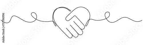 Handshake in heart shape continuous wave line drawing. Shaking hands with love concept. Business deal linear symbol. Vector illustration isolated on white background.