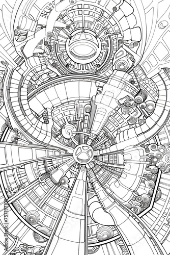 Complex, mechanically-inspired black and white drawing resembling an intricate maze or circuit