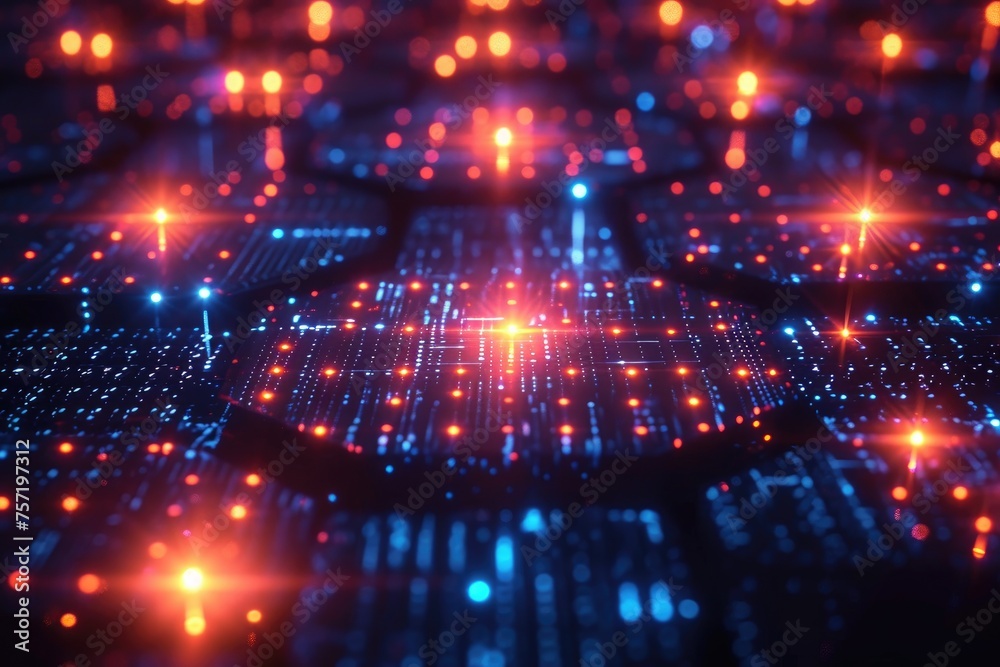 A photograph capturing a large number of bright lights illuminating a dark room, Quantum computing concept represented by glowing qubits, AI Generated