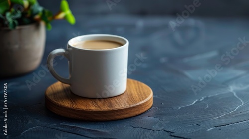 A steaming cup of coffee on a rustic wooden coaster