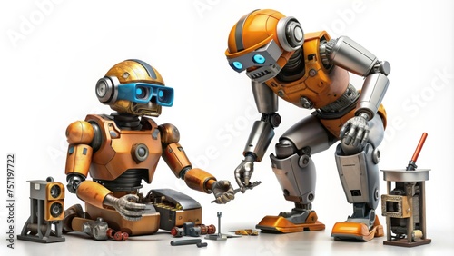 Robots repairing tech together on the floor - Two yellow robotic characters diligently working to repair smaller technology components, symbolizing teamwork