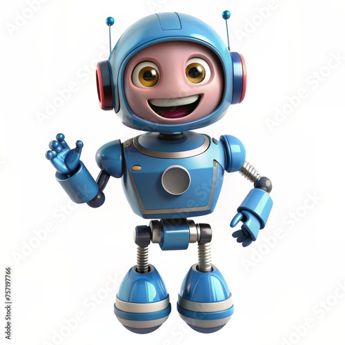 Cheerful blue robot waving and looking up - An adorable blue robot with a friendly wave, representing futuristic AI in a personable way