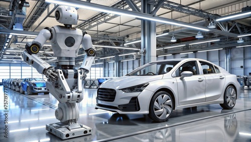 Humanoid robot next to car in automobile plant - A humanoid robot standing beside a white modern car in an automotive manufacturing plant symbolizes AI's role