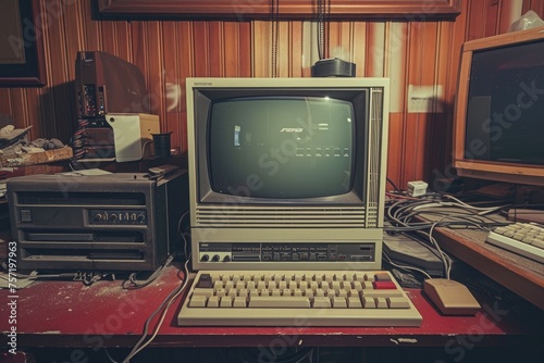 An image of an old computer placed on top of a wooden desk, Retro image of an old computer setup, AI Generated photo