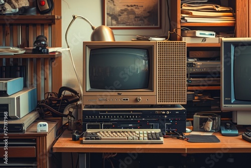 A desk featuring two computer monitors and a keyboard placed on top, showcasing a modern workstation setup, Retro image of an old computer setup, AI Generated