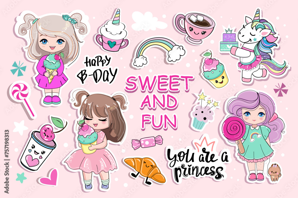 Kawaii set with beautiful little cartoon girls and sweets with eyes. Ice cream with unicorn faces, cupcake, cup of coffee, Vector illustration anime style Kawaii set with beautiful little cartoon girls and sweets with eyes. Ice cream with unicorn faces, cupcake, cup of coffee, Vector illustration anime style