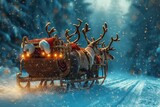A Santa Claus sleigh with reindeer riding through the snowy landscape, Rudolph the red-nosed reindeer leading Santa's sleigh, AI Generated