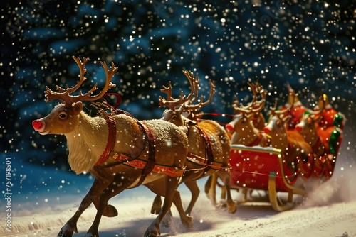 A group of reindeers exerting strength as they pull a sleigh through a snowy landscape, Rudolph the red-nosed reindeer leading Santa's sleigh, AI Generated