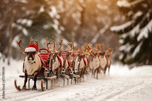 Several reindeers are harnessed together as they pull a sleigh through a snowy landscape, Rudolph the red-nosed reindeer leading Santa's sleigh, AI Generated