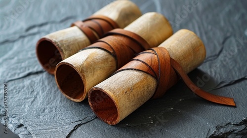Wooden tubes arranged on slate slab