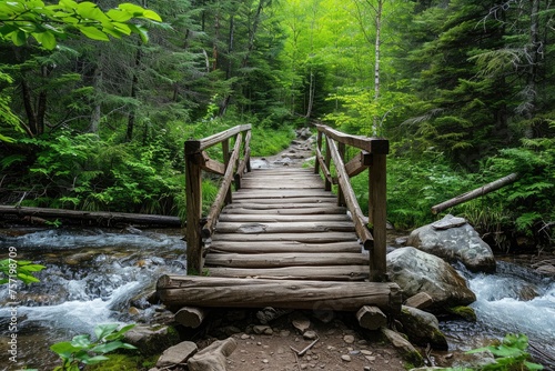 A wooden bridge crosses over a flowing stream in the midst of a lush forest  surrounded by tall trees and vibrant green foliage  Rustic wooden bridge crossing a babbling brook  AI Generated