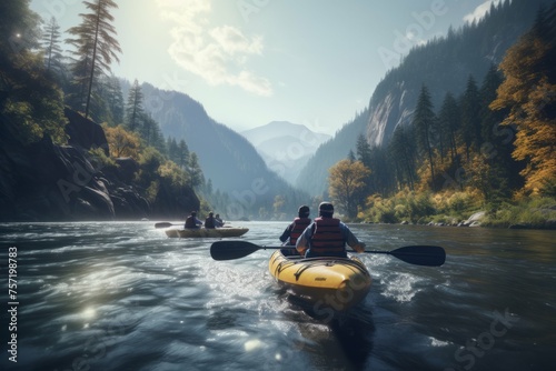 People having a kayaking adventure on a river
