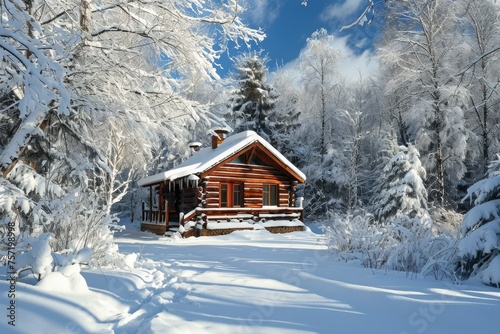 A cabin nestled amidst the white-covered trees in a forest blanketed with snow, Secluded log cabin in a snow-laden winter forest, AI Generated