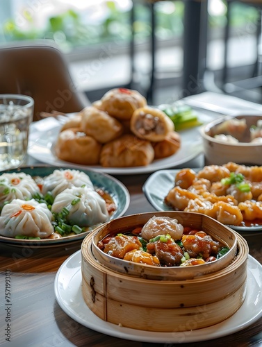 Cantonese Classics Dim Sum Table A Mouthwatering Spread of Traditional Asian Delicacies Basking in Soft Natural Light
