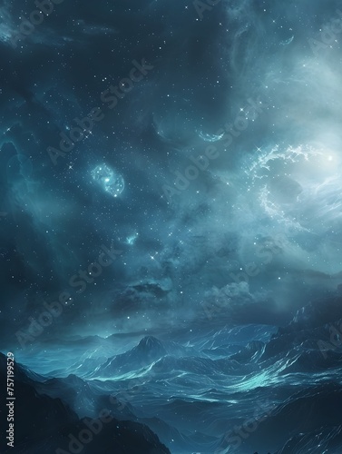 Cosmic Dreamscape An Otherworldly Night Sky with Mysterious Mountains