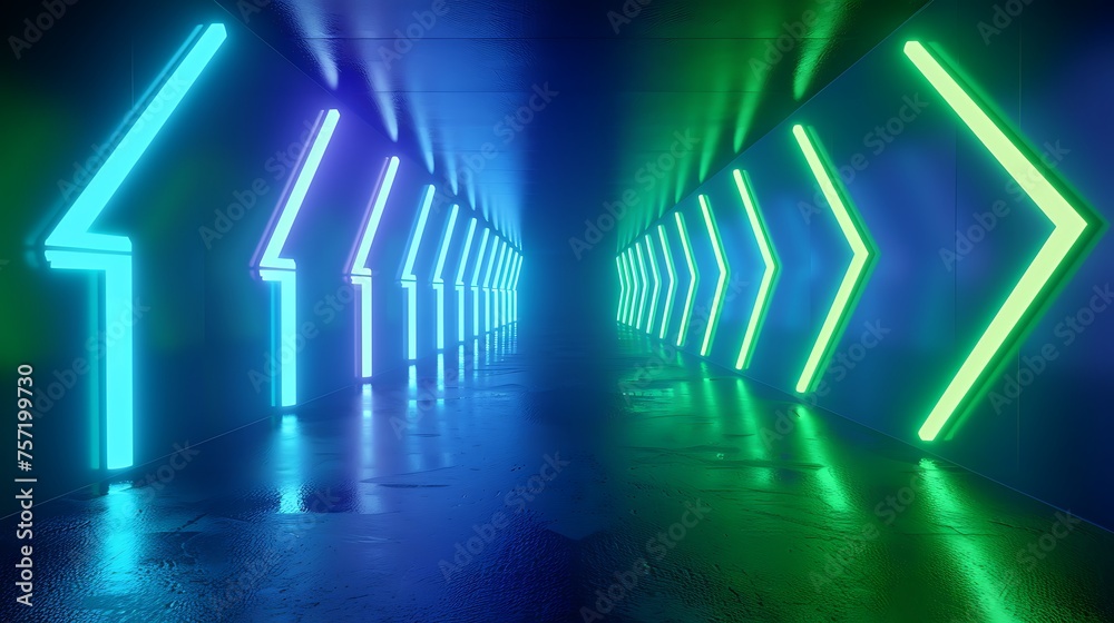 3d render, abstract panoramic green blue neon background with arrows showing left direction