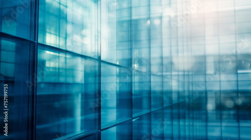 Blurred view of a modern office building interior with glass walls  reflecting a cool blue tone and exuding a sleek corporate atmosphere