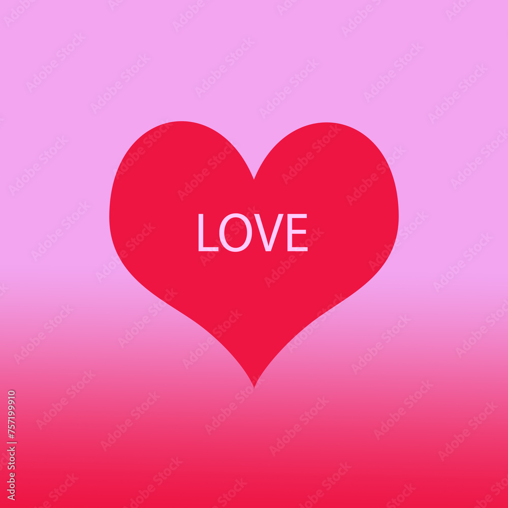 Simple single red heart on pink and red background with the word LOVE in text on the heart Simple single red heart on pink and red background with the word LOVE in text on the heart