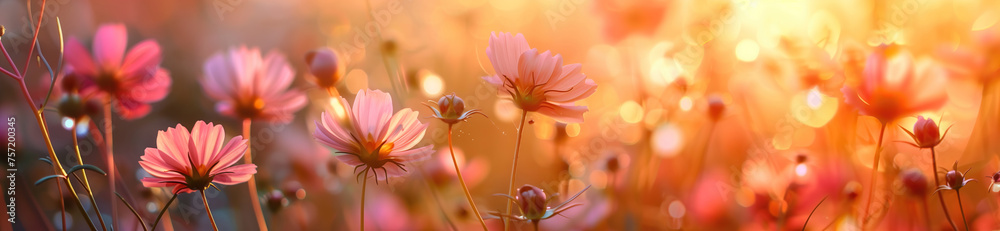 Blushing beauties dancing: A cluster of delicate pink flowers swaying gracefully, creating a mesmerizing and serene natural scene. Nature floral wallpapers and background - obrazy, fototapety, plakaty 