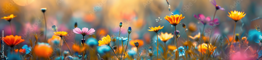 A vibrant painting showcasing a multitude of colorful flowers swaying gracefully in a sunlit field, creating a stunning natural backdrop. Nature floral wallpapers and background