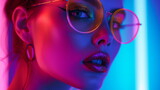 Woman with stylish glasses is highlighted инн vibrant neon lights in pink and blue, creating a striking high-fashion look