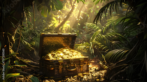 Old Vintage Chest full of buried gold in deep Jungle, hidden treasure