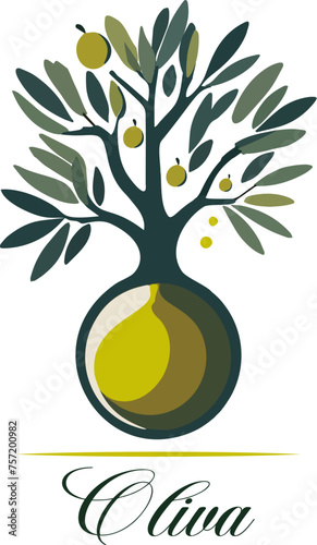 Emblem with olive tree.Vector illustration with a stylized olive tree on a transparent background with text. Perfect for a sticker, advertising banner, logo.