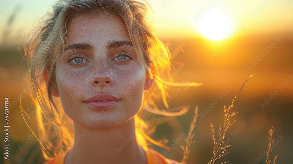 A serene young woman's portrait captured during the golden hour, her freckles highlighted by the warm sunlight. A serene young woman's portrait captured during the golden hour, her freckles highlighted by the warm sunlight.