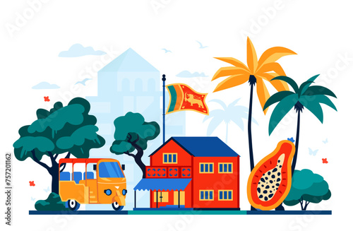 National color of Sri Lanka - modern colored vector illustration with traditional country cottage and nature. Mountain, papaya, summer, tuk-tuk transport, flag. Asia travelling and adventure idea