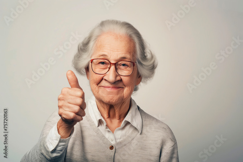 Portrait of a cute grandmother, an elderly woman with gray hair shows a Like sign on a light background